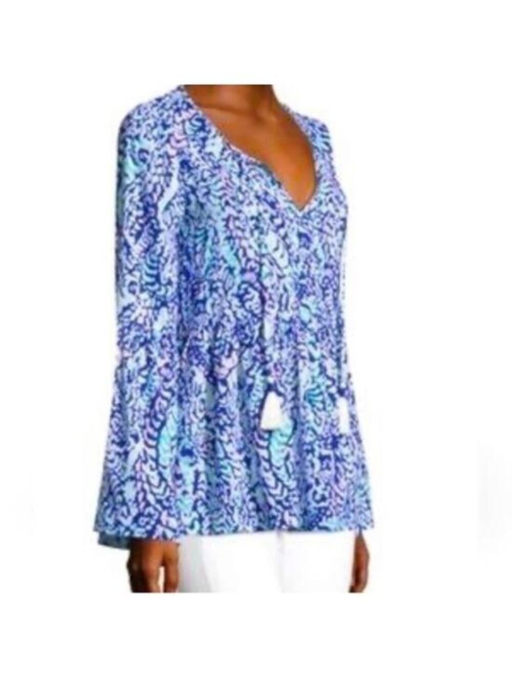 Lilly Pulitzer Blue Patterned Bell Sleeve V-Neck Blouse with Tassels